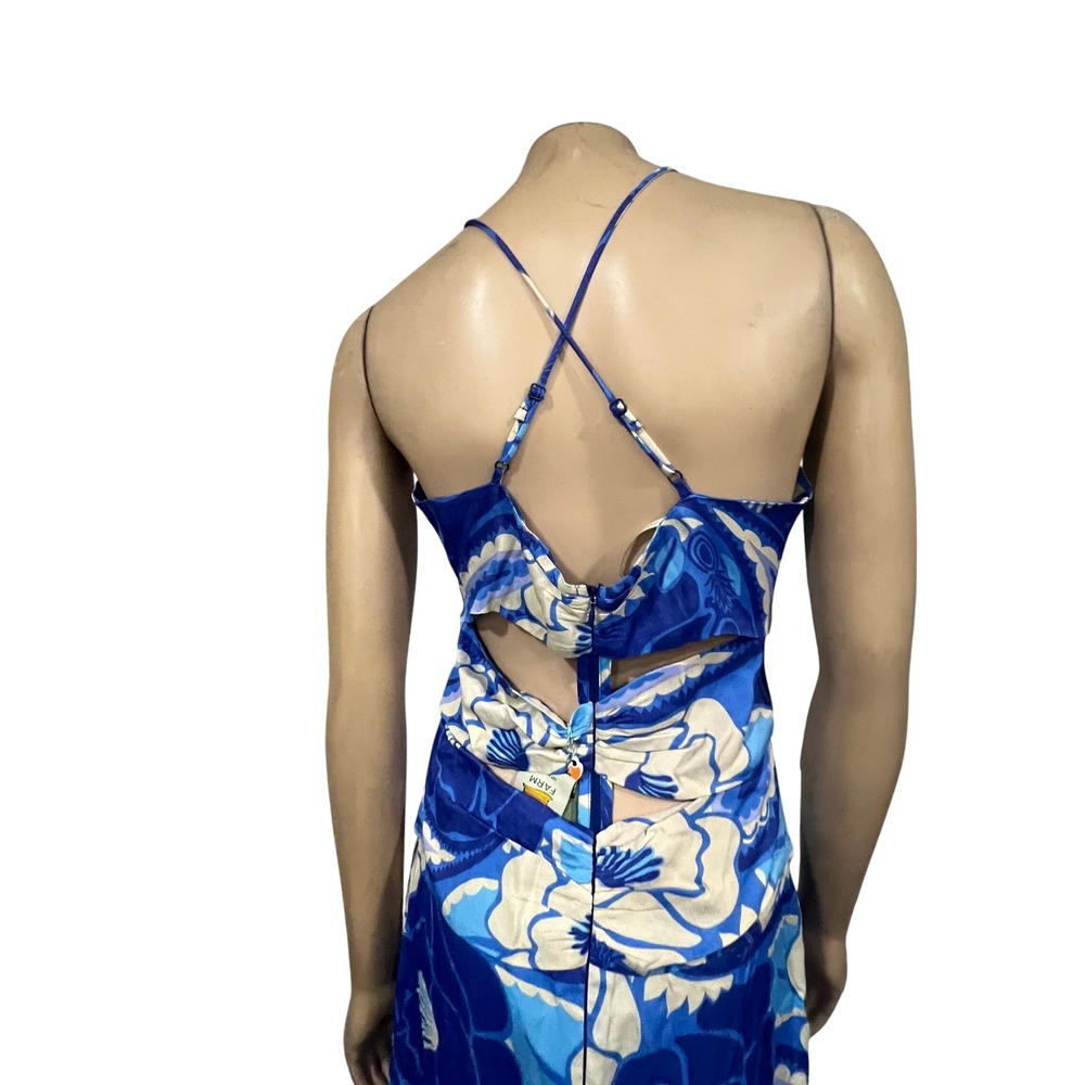 Farm Rio Blue Floral Cutout Halter Maxi Dress Tropical Print Boho Sleeveless | M - Picture 13 of 13